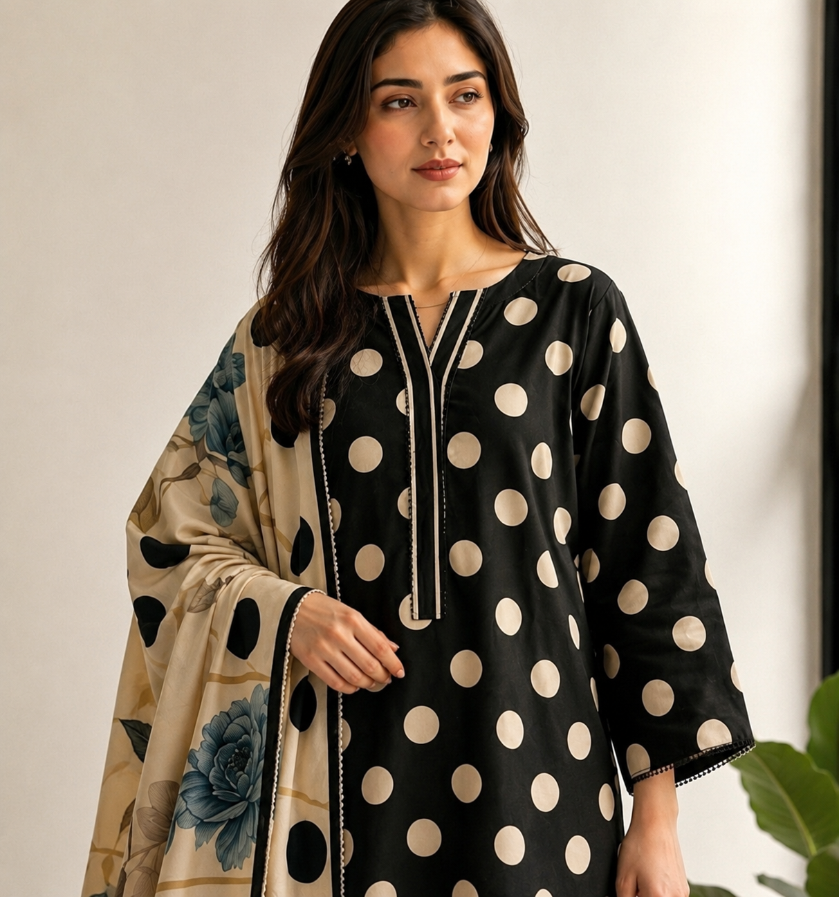 Black Polka Dot with Green Floral Dupatta Printed Lawn Stitched Suit
