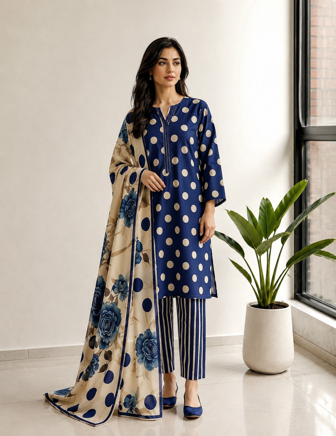 Royal Blue Polka Dot Printed Lawn Stitched Suit with Embroidered Lacework Dupatta