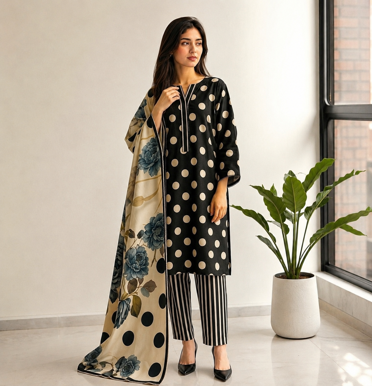 Black Polka Dot with Green Floral Dupatta Printed Lawn Stitched Suit