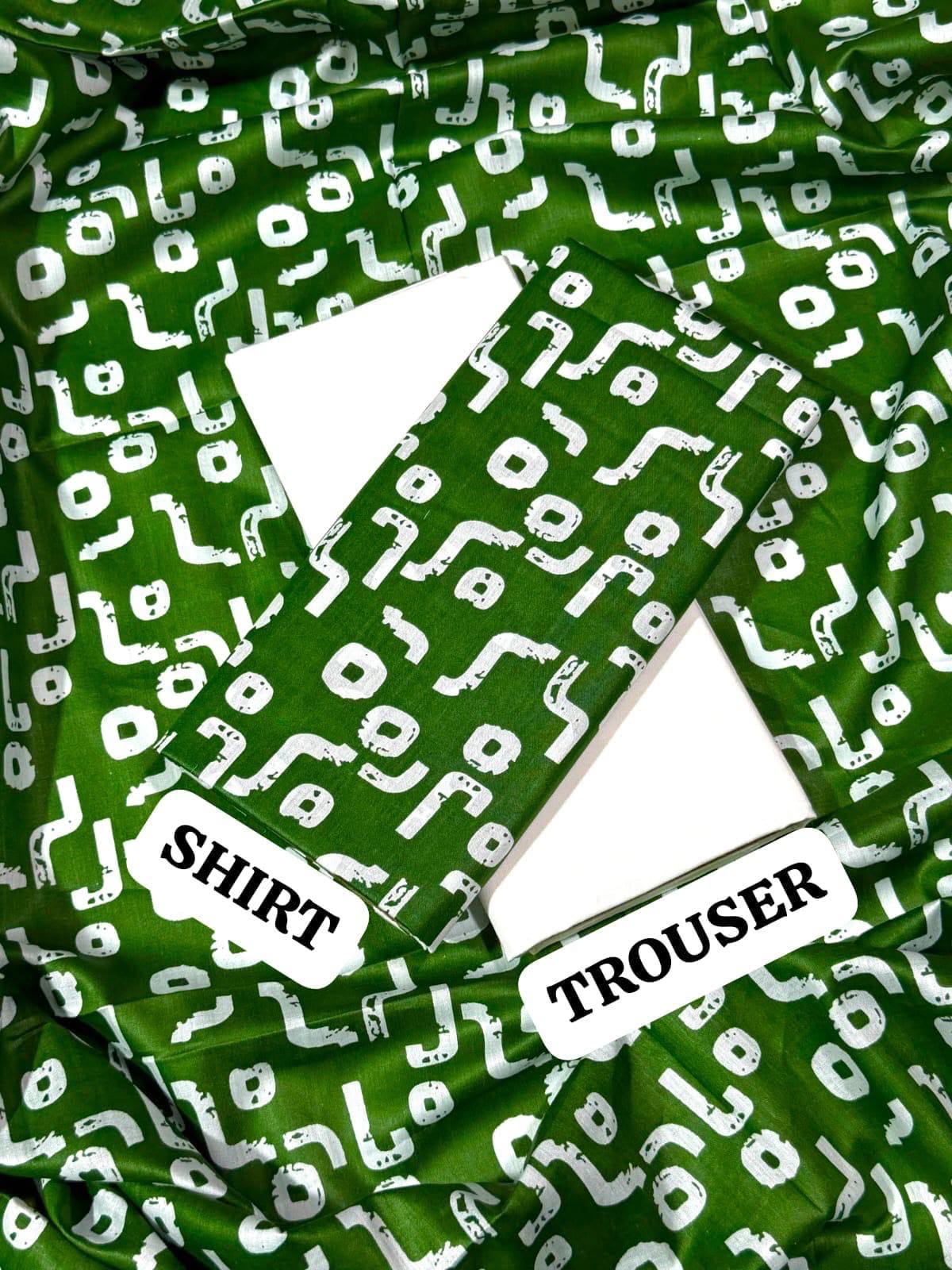 Green & White Printed 2Pc Shirt with Plain Trouser