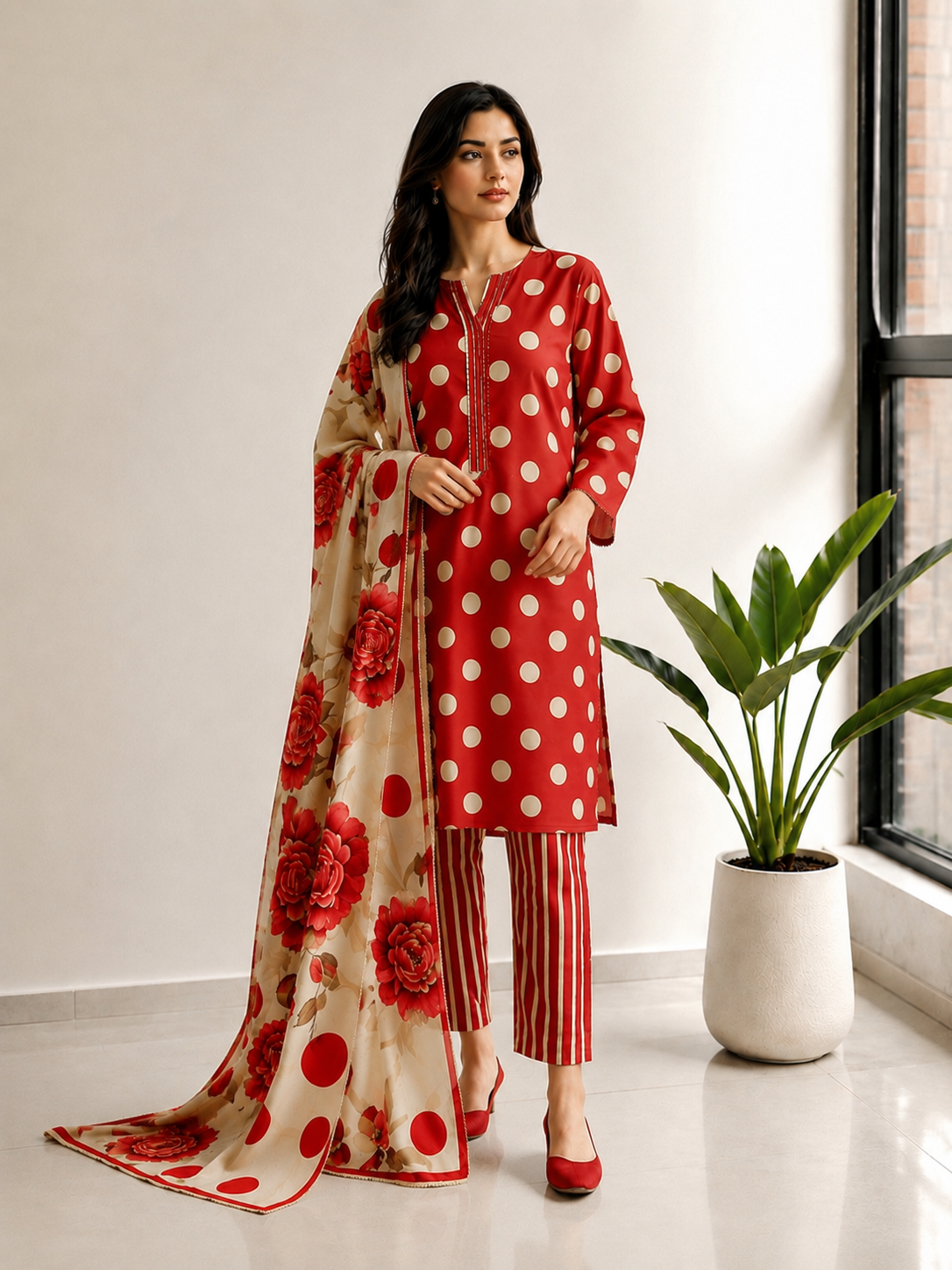 Red Polka Dot Printed Lawn Stitched Suit with Lacework Dupatta