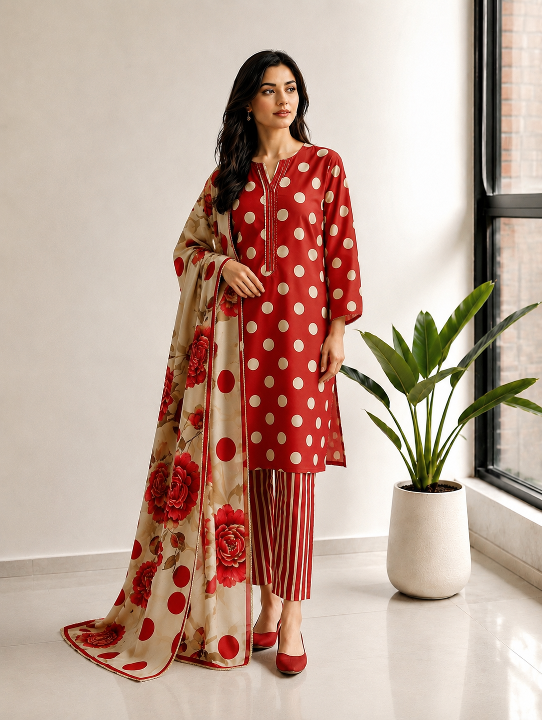 Red Polka Dot Printed Lawn Stitched Suit with Lacework Dupatta