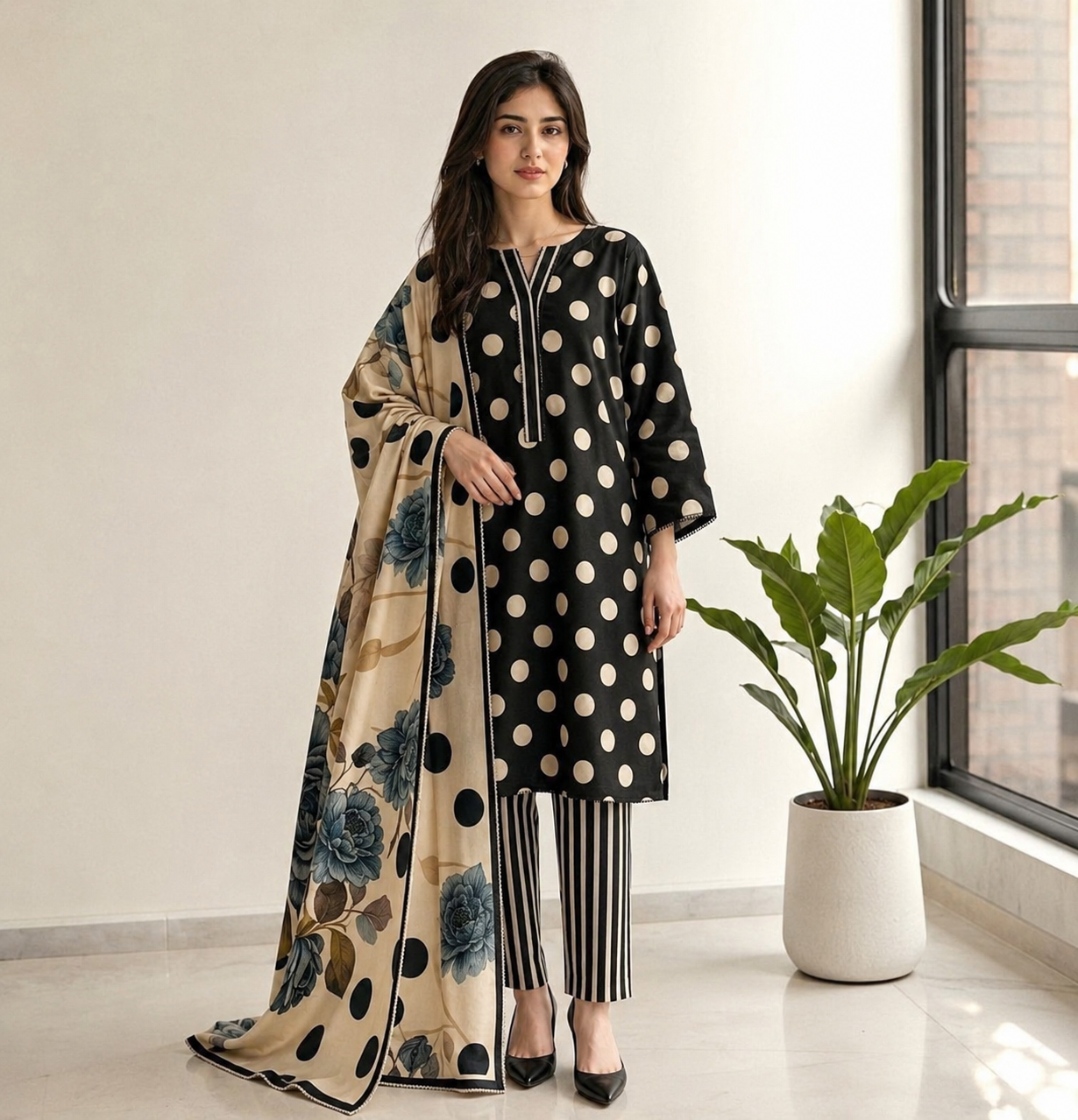 Black Polka Dot with Green Floral Dupatta Printed Lawn Stitched Suit