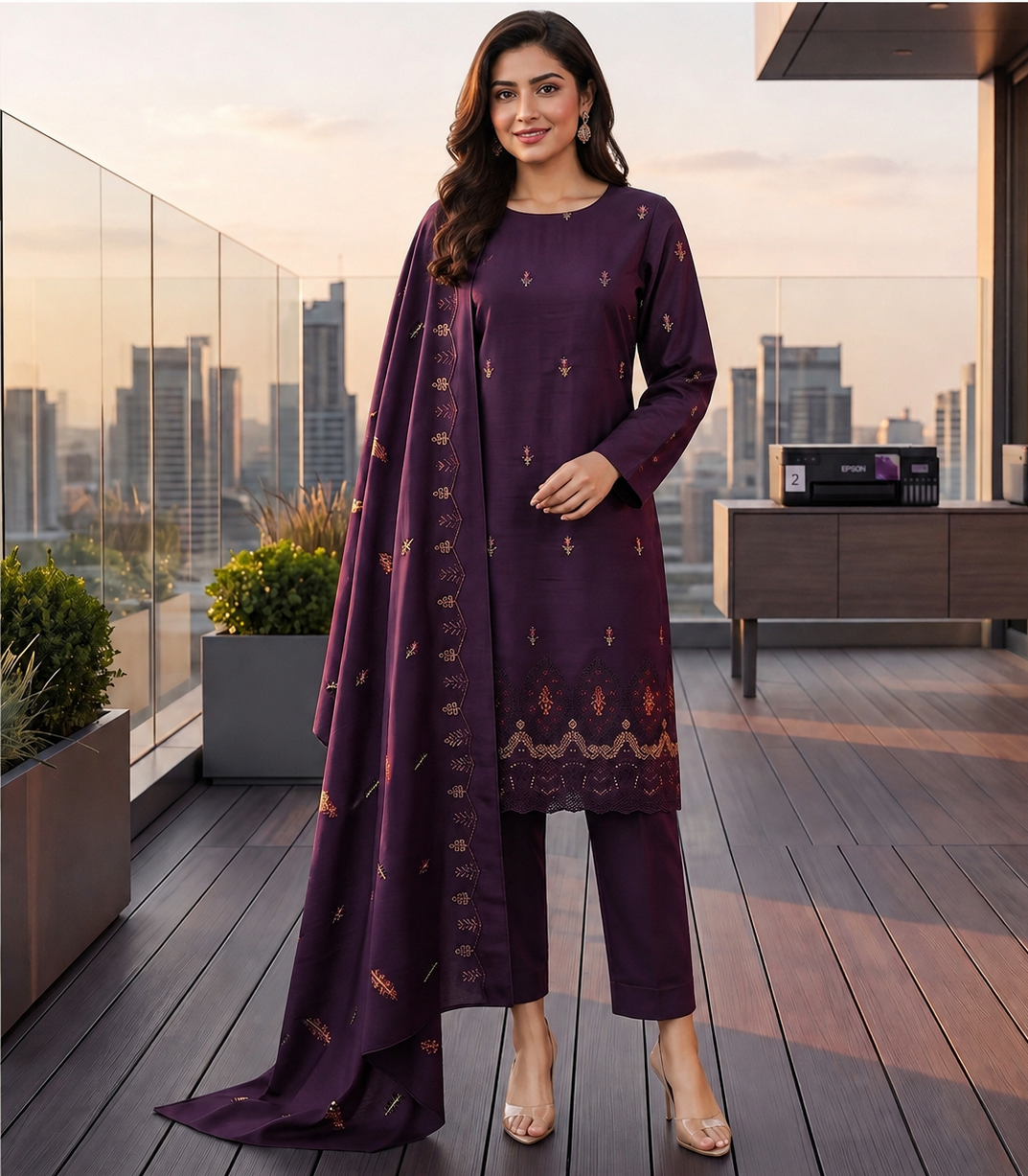 Purple Dhanak Border Embroidered Suit