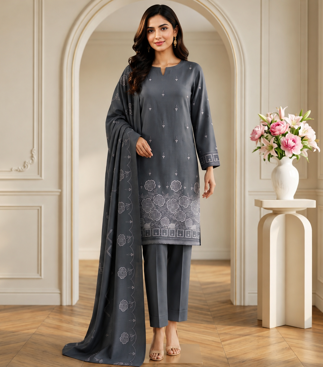 Grey Dhanak Border Embroidered Suit
