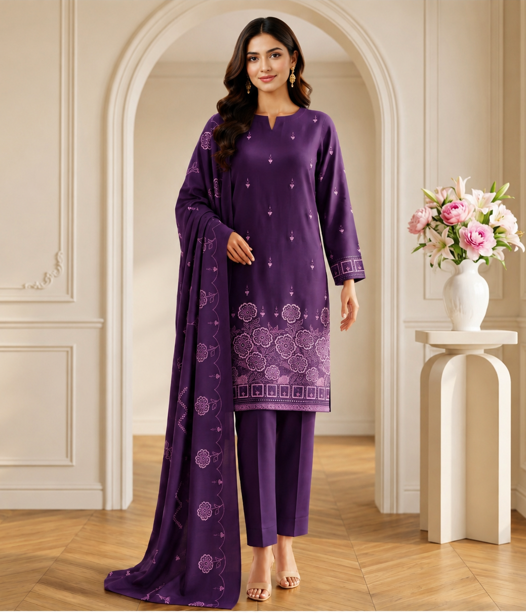 Purple Dhanak Daman Embroidered Suit