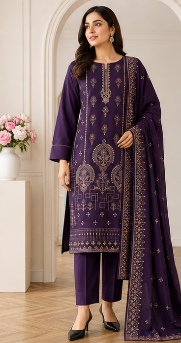 Dhanak Neck Embroidery 3Pc Suit