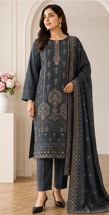 Dhanak Neck embroidered 3Pc Suit
