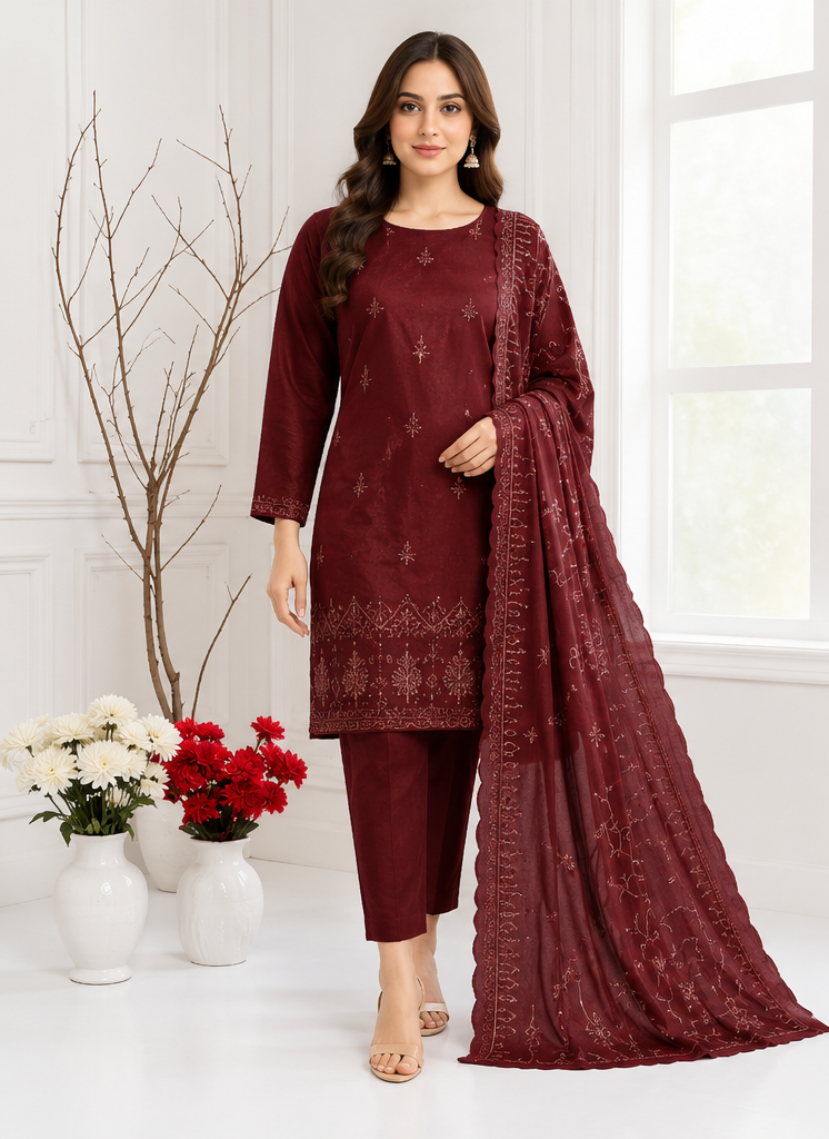 Dhanak Embroidered 3-Piece Suit