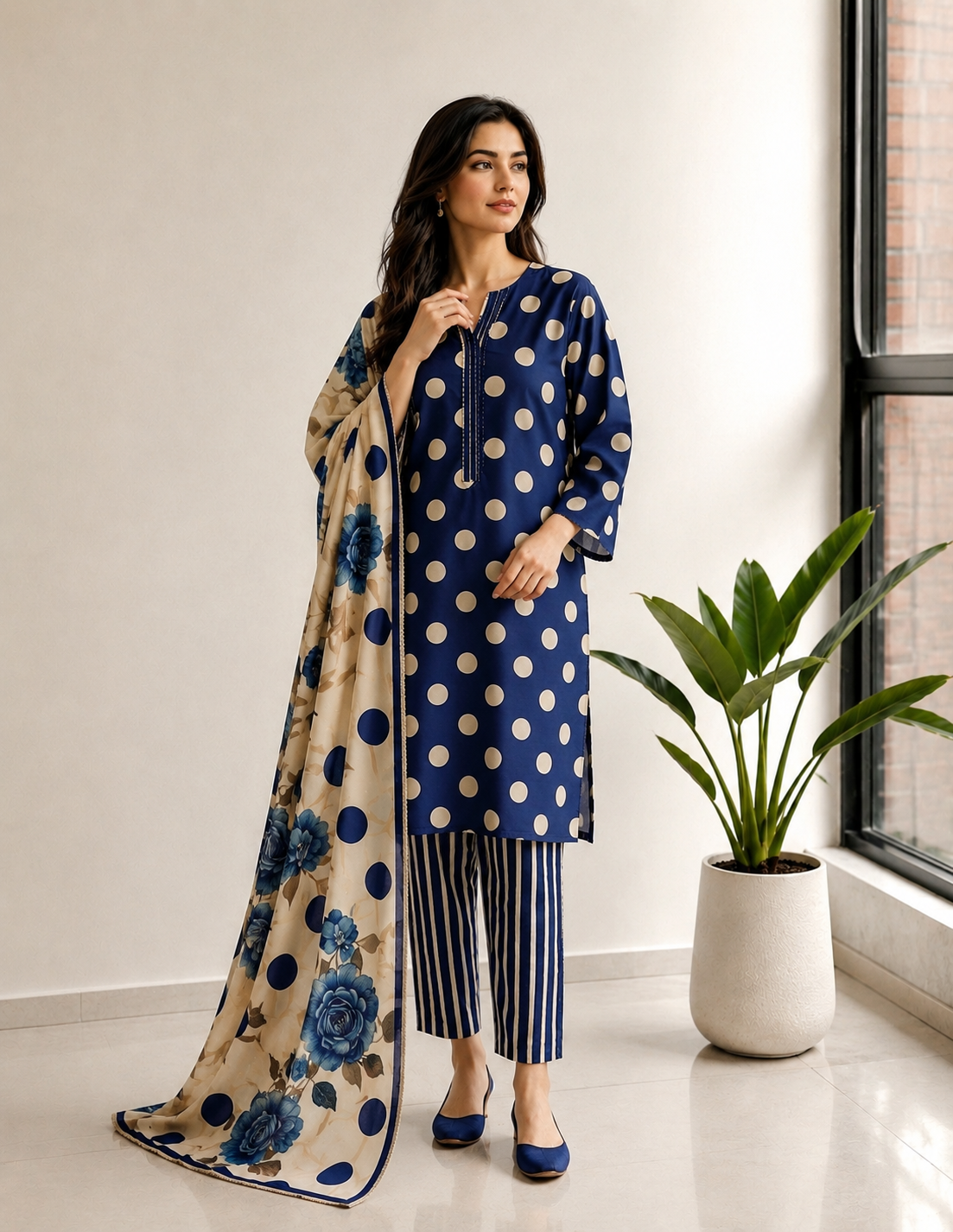 Royal Blue Polka Dot Printed Lawn Stitched Suit with Embroidered Lacework Dupatta