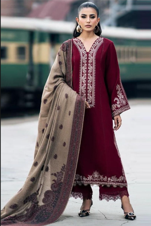 Burgundy Embroidered Lawn 3PC Suit
