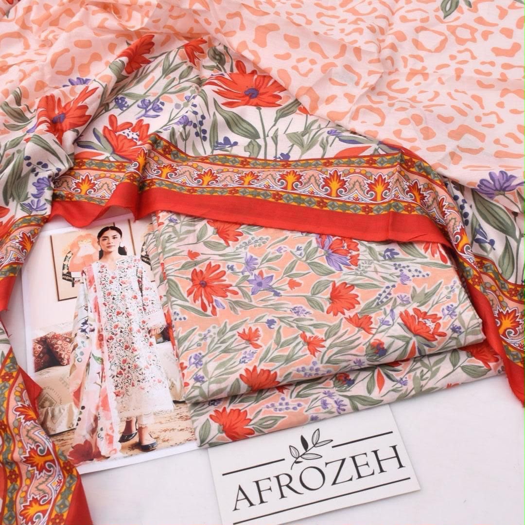 Peach Floral Printed Lawn 3Pc Unstitched Suit
