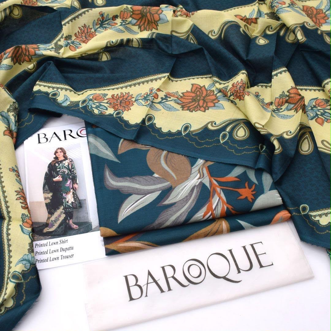 Teal Navy Floral Printed Lawn 3Pc Unstitched Suit