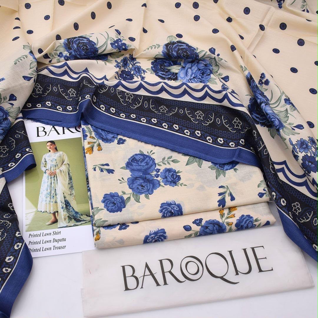 Cream Blue Floral Polka Printed Lawn 3Pc Unstitched Suit