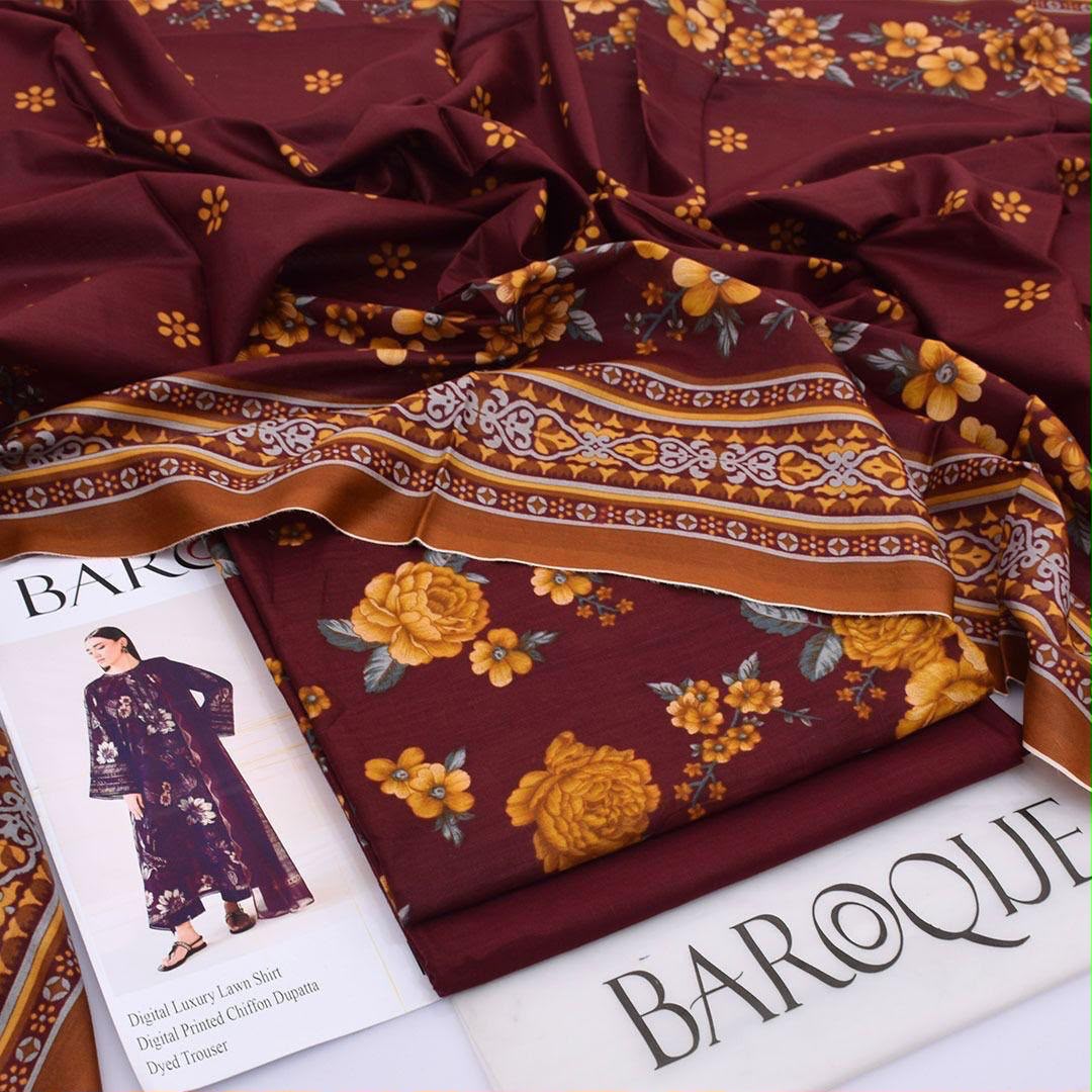 Maroon Gold Floral Printed Lawn 3Pc Unstitched Suit