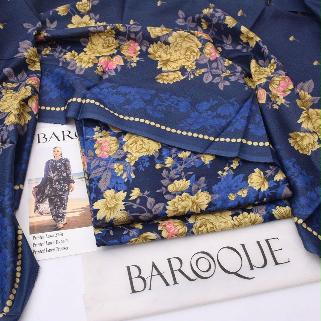 Navy Floral Printed Lawn 3Pc Unstitched Suit