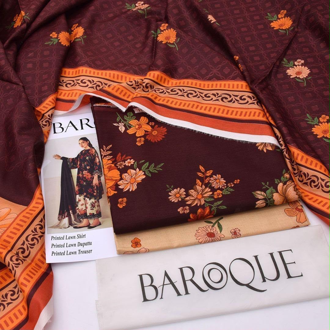 Maroon Floral Printed Lawn 3Pc Unstitched Suit