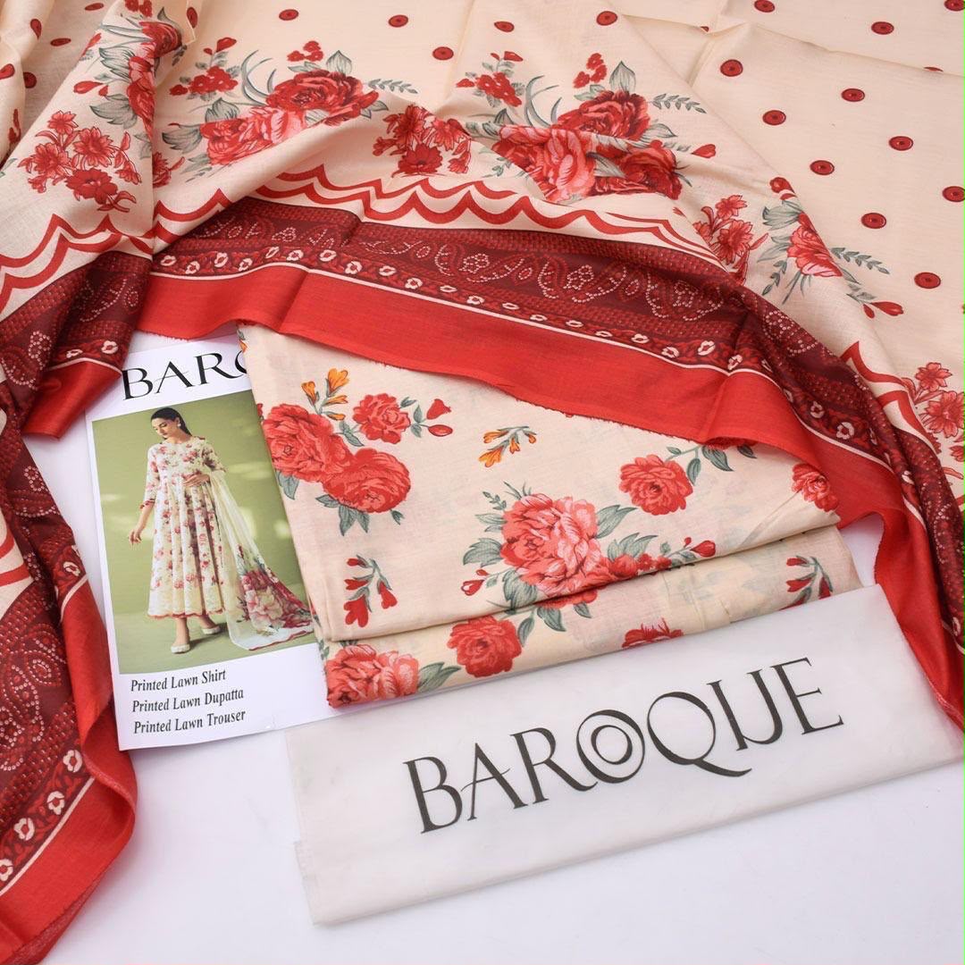 Cream Red Floral Printed Lawn 3Pc Unstitched Suit