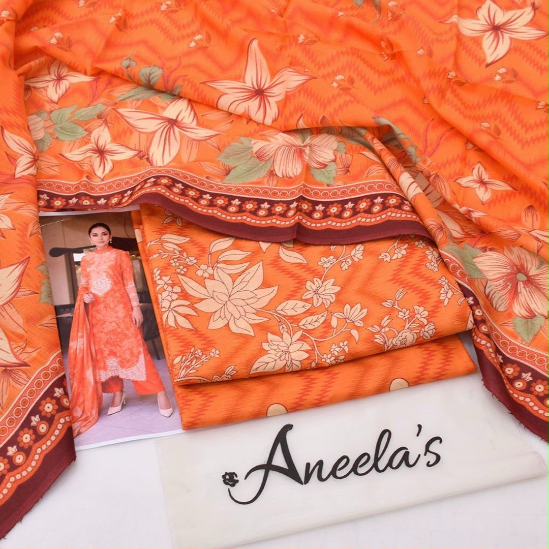 Orange Floral Chevron Printed Lawn 3Pc Unstitched Suit