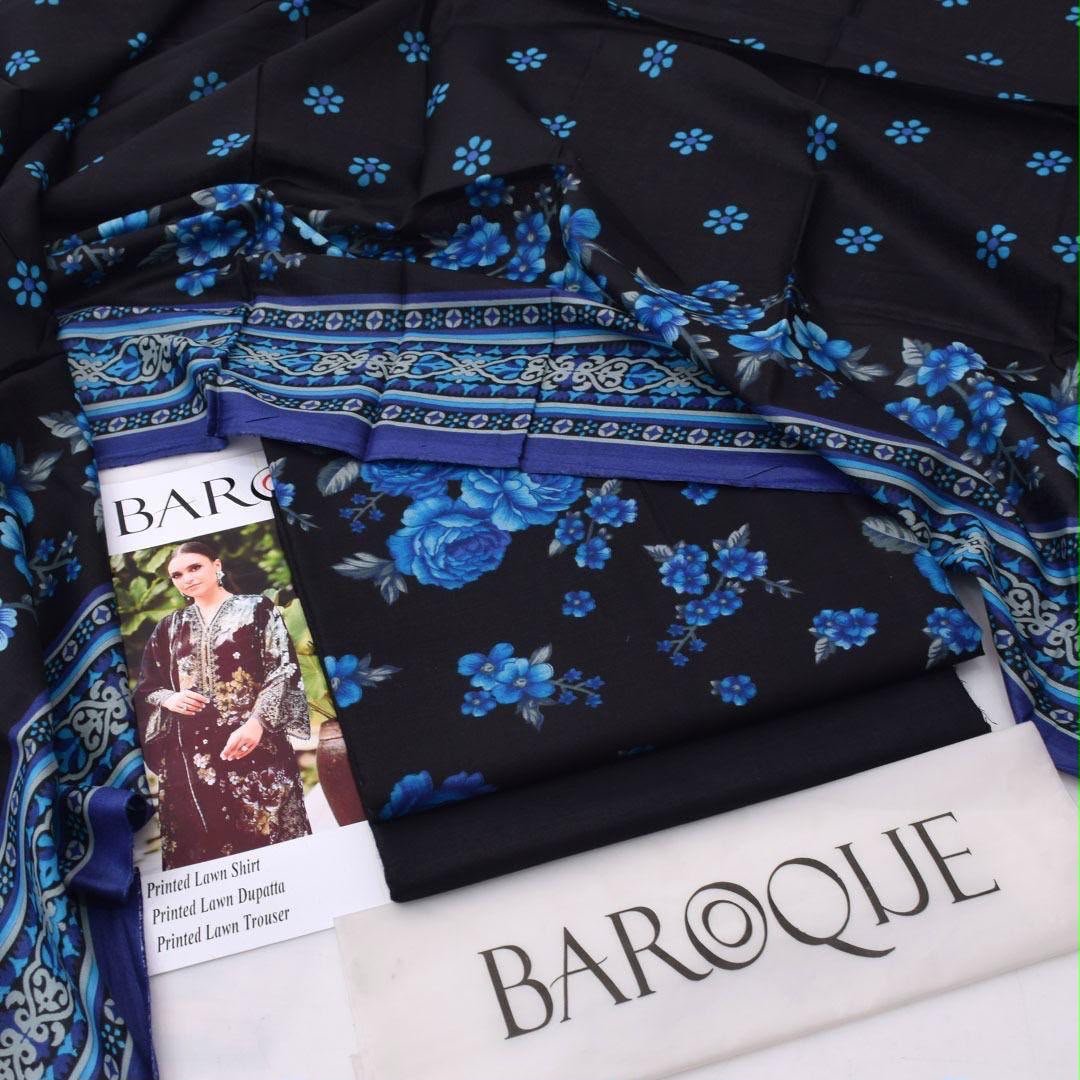Black Blue Floral Printed Lawn 3Pc Unstitched Suit