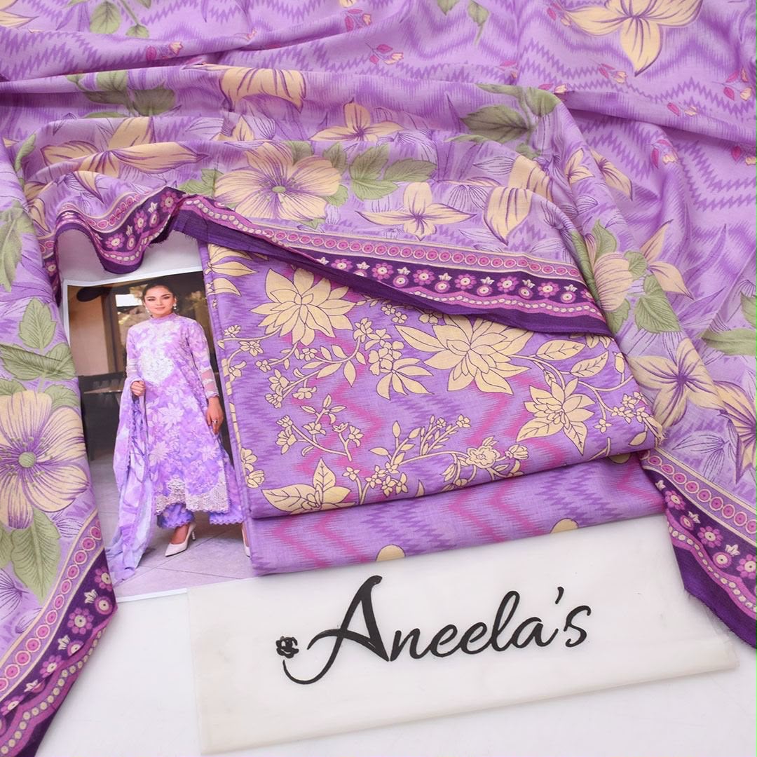 Blue Purple Chevron Printed Lawn 3Pc Unstitched Suit