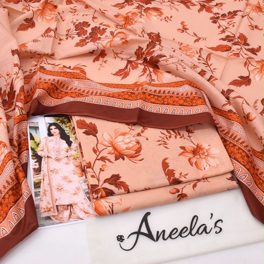 Peach Floral Printed Lawn 3Pc Unstitched Suit