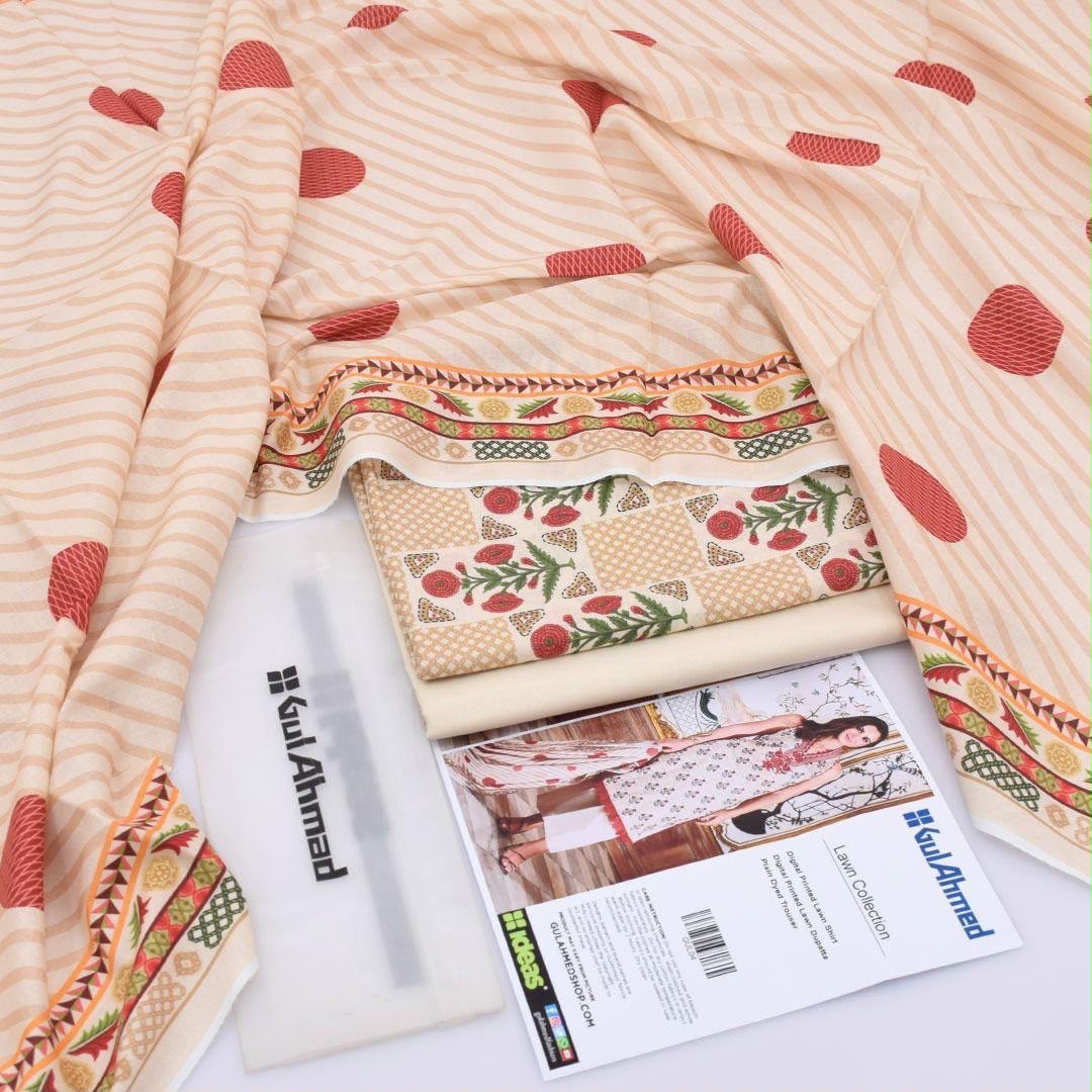 Red Cream Printed Lawn 3Pc Unstitched Suit