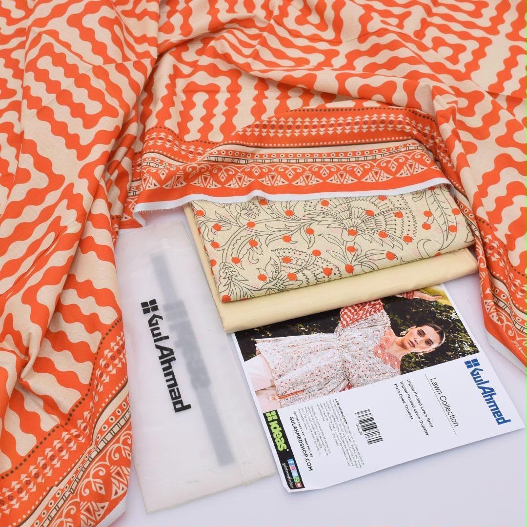 Orange Wavy Stripes Printed Lawn 3Pc Unstitched Suit
