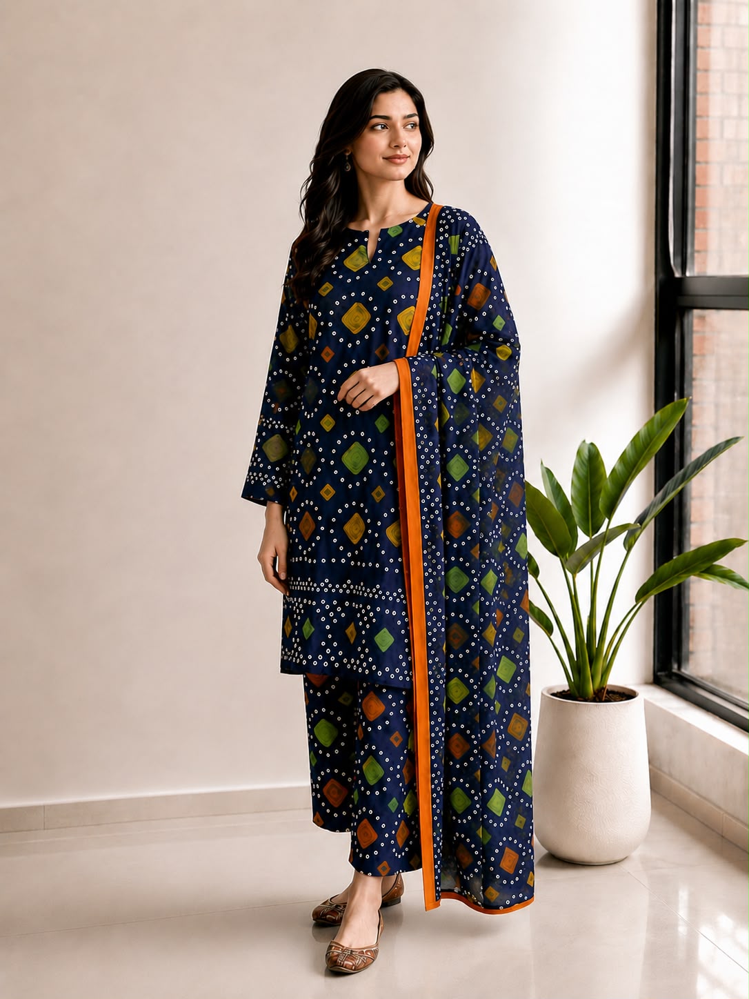 Navy Blue Bandhani Print Lawn Stitched Suit