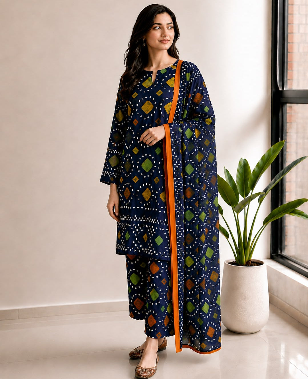 Navy Blue Bandhani Print Lawn Stitched Suit