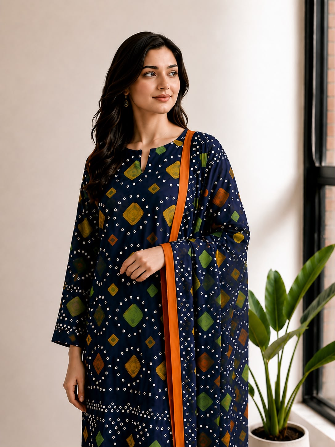 Navy Blue Bandhani Print Lawn Stitched Suit