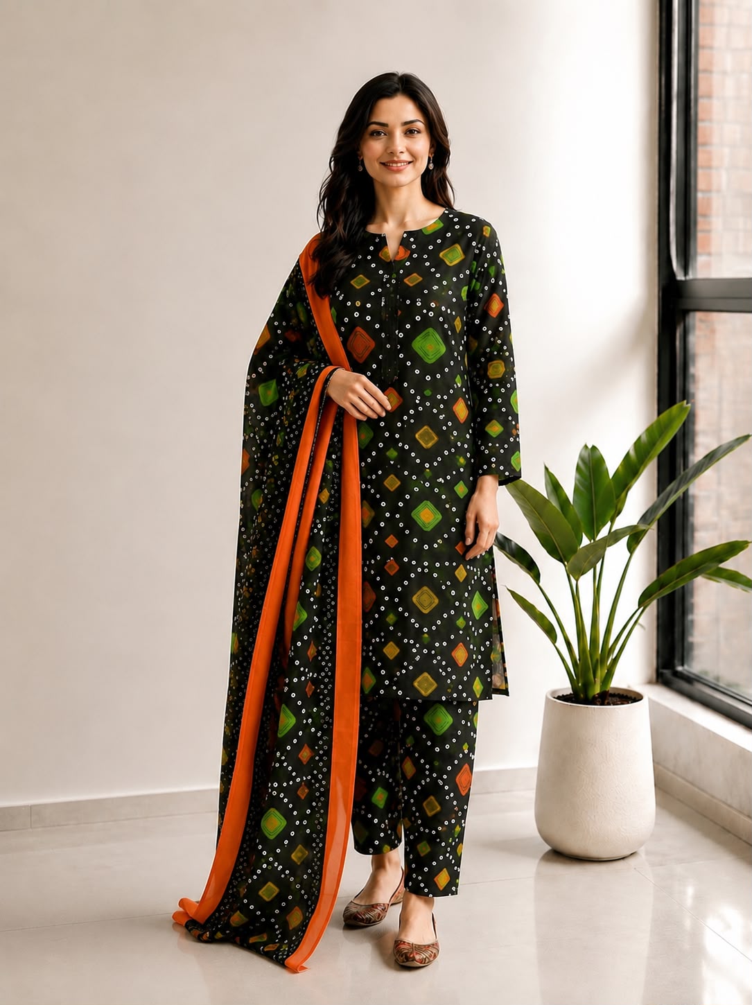 Black Bandhani Print Lawn Stitched Suit
