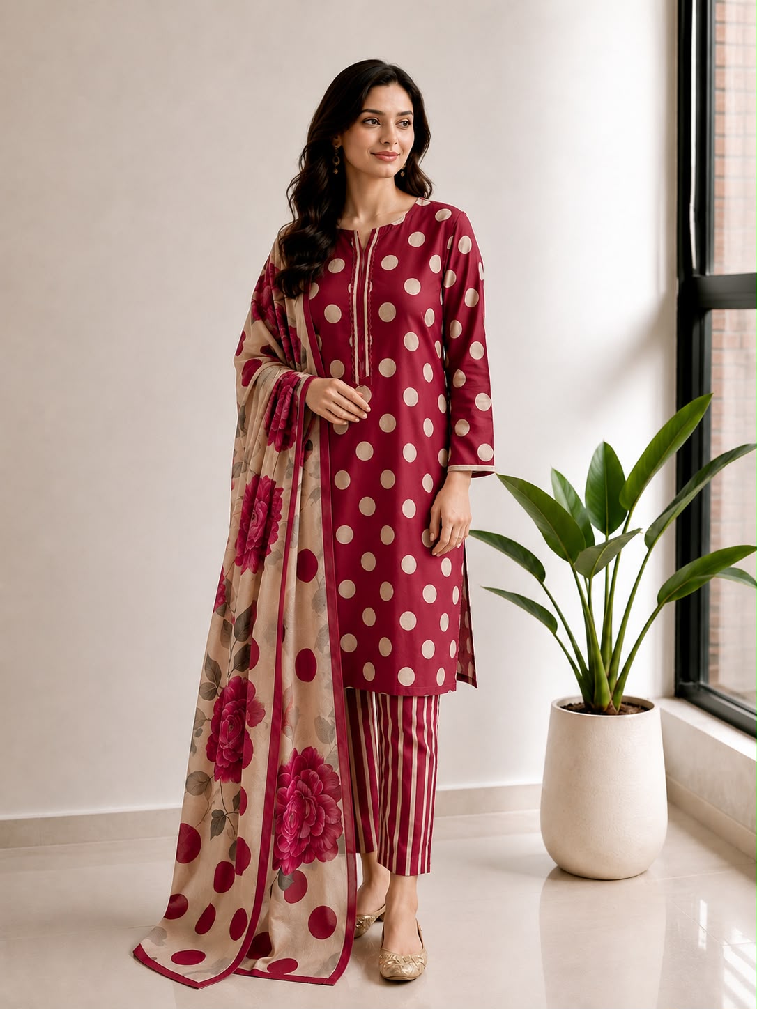 Magenta Polka Dot Printed Lawn Stitched Suit