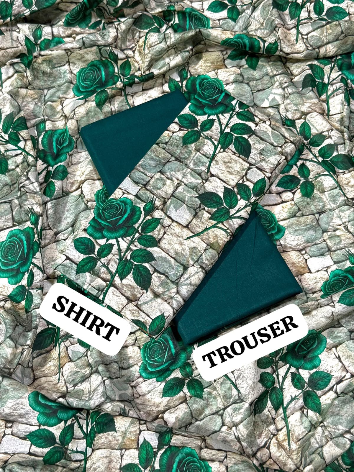 Green & White Printed 2Pc Shirt with Plain Trouser