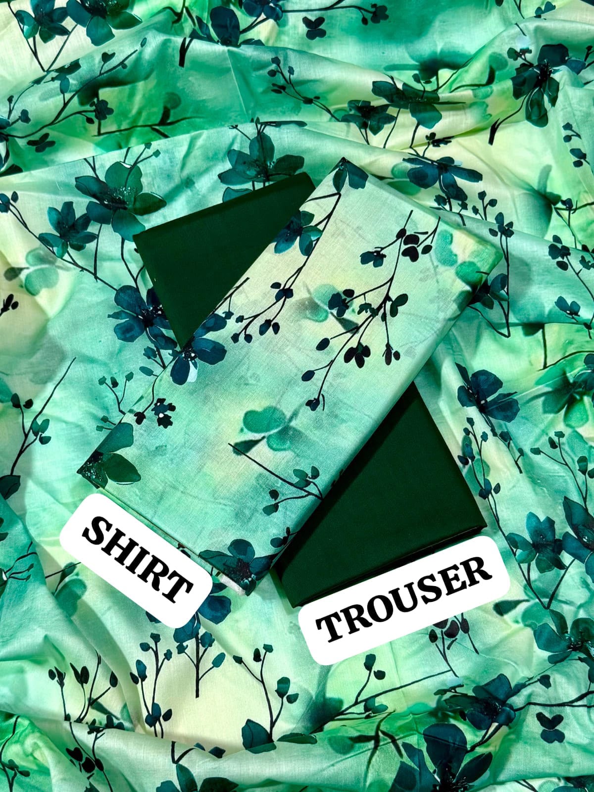 Green & White Printed 2Pc Shirt with Plain Trouser