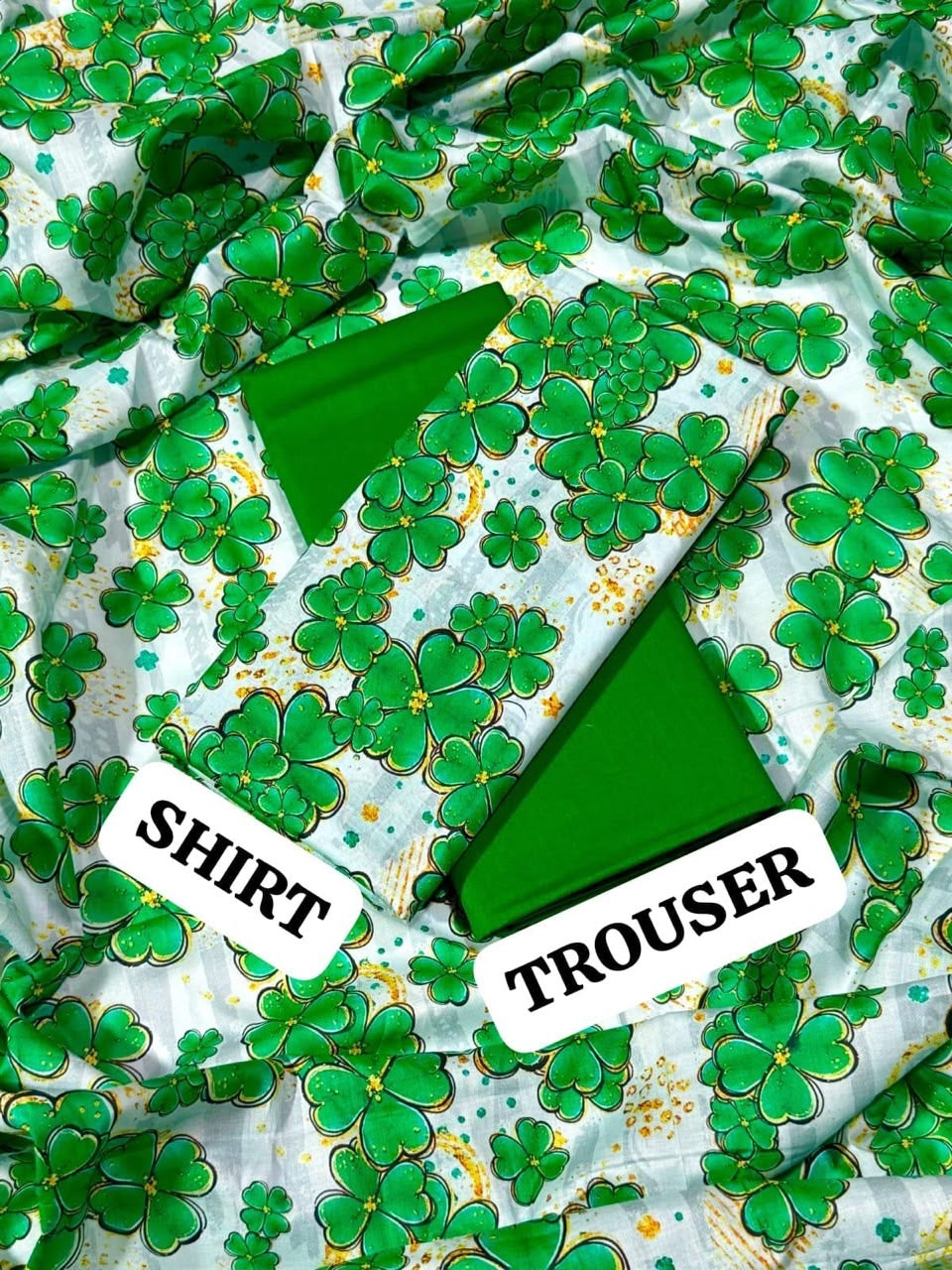 Green & White Printed 2Pc Shirt with Plain Trouser