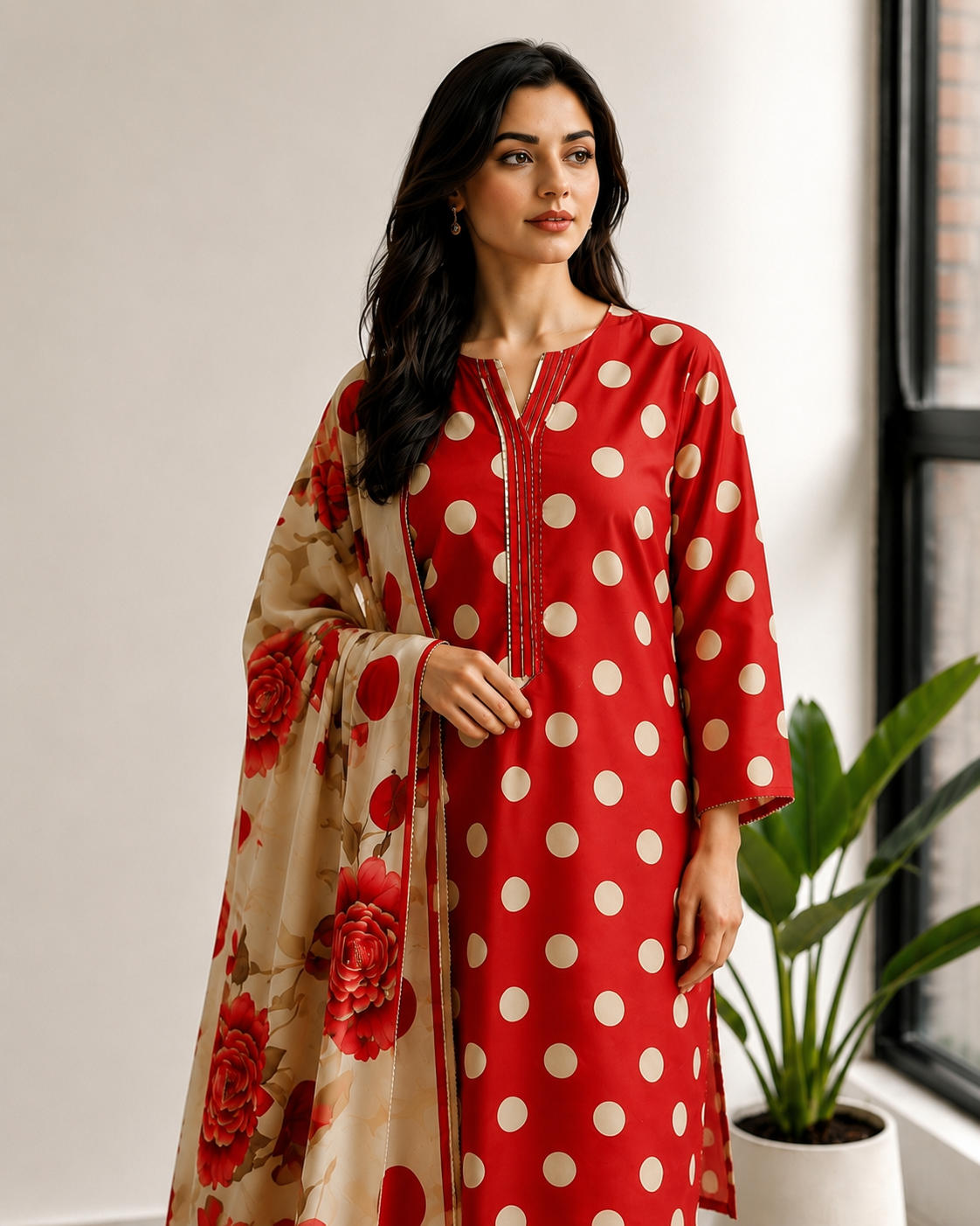Red Polka Dot Printed Lawn Stitched Suit with Lacework Dupatta