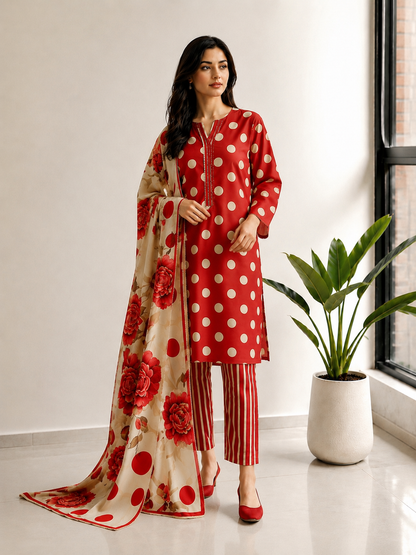 Red Polka Dot Printed Lawn Stitched Suit with Lacework Dupatta