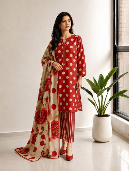 Red Polka Dot Printed Lawn Stitched Suit with Lacework Dupatta