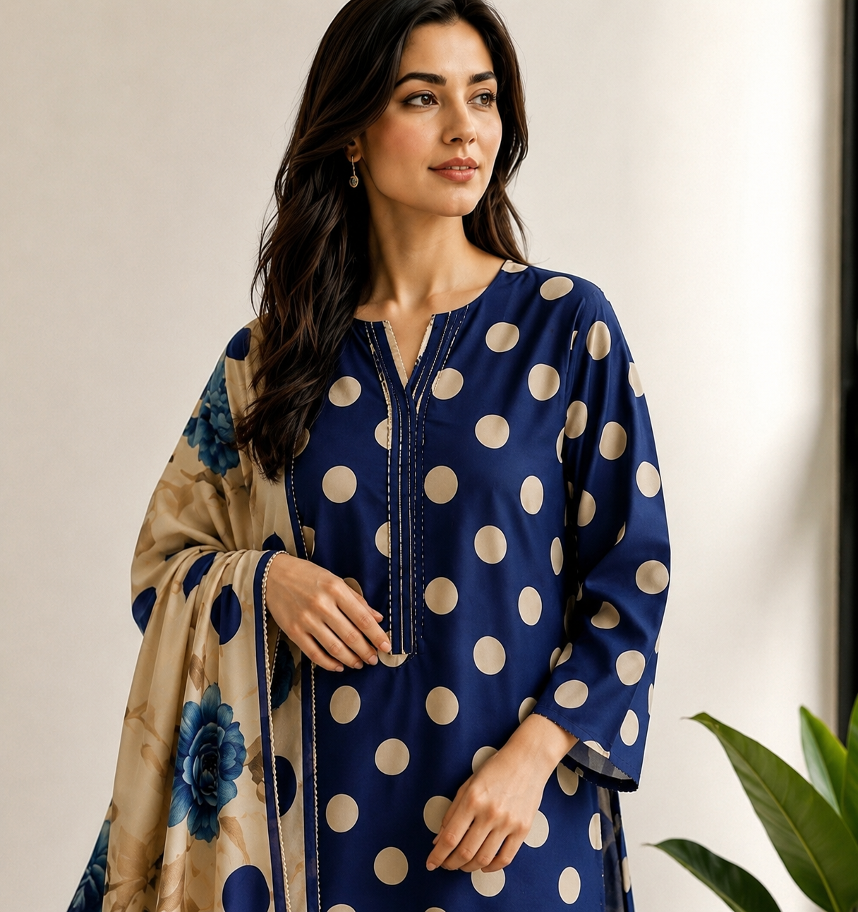 Royal Blue Polka Dot Printed Lawn Stitched Suit with Embroidered Lacework Dupatta
