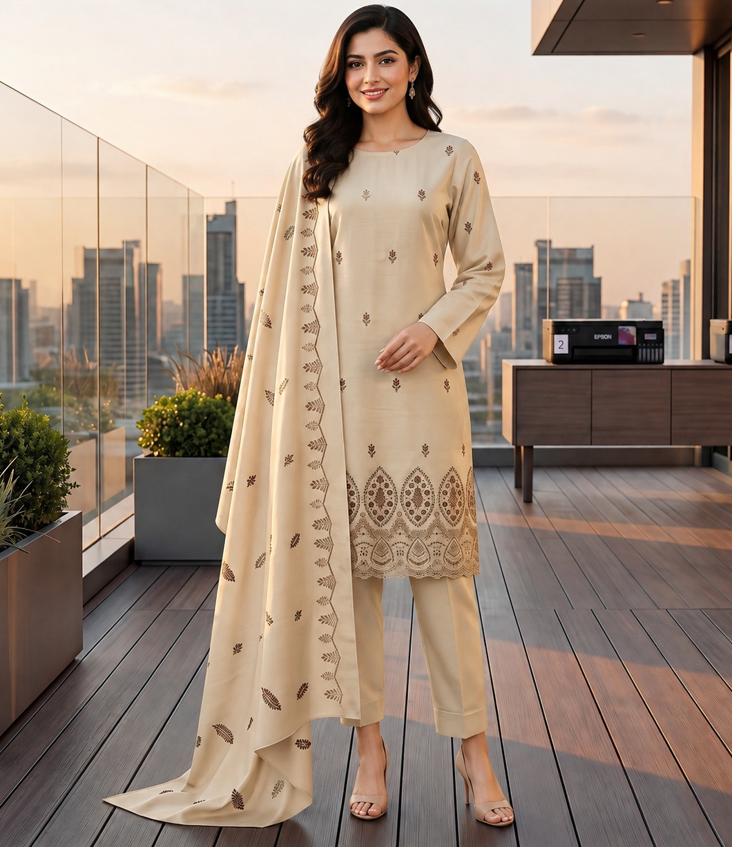 Beige Dhanak Daman Embroidered Suit