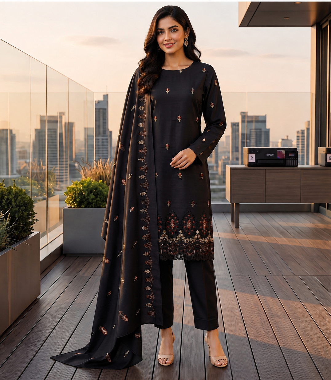 Black Dhanak Daman Embroidered Suit