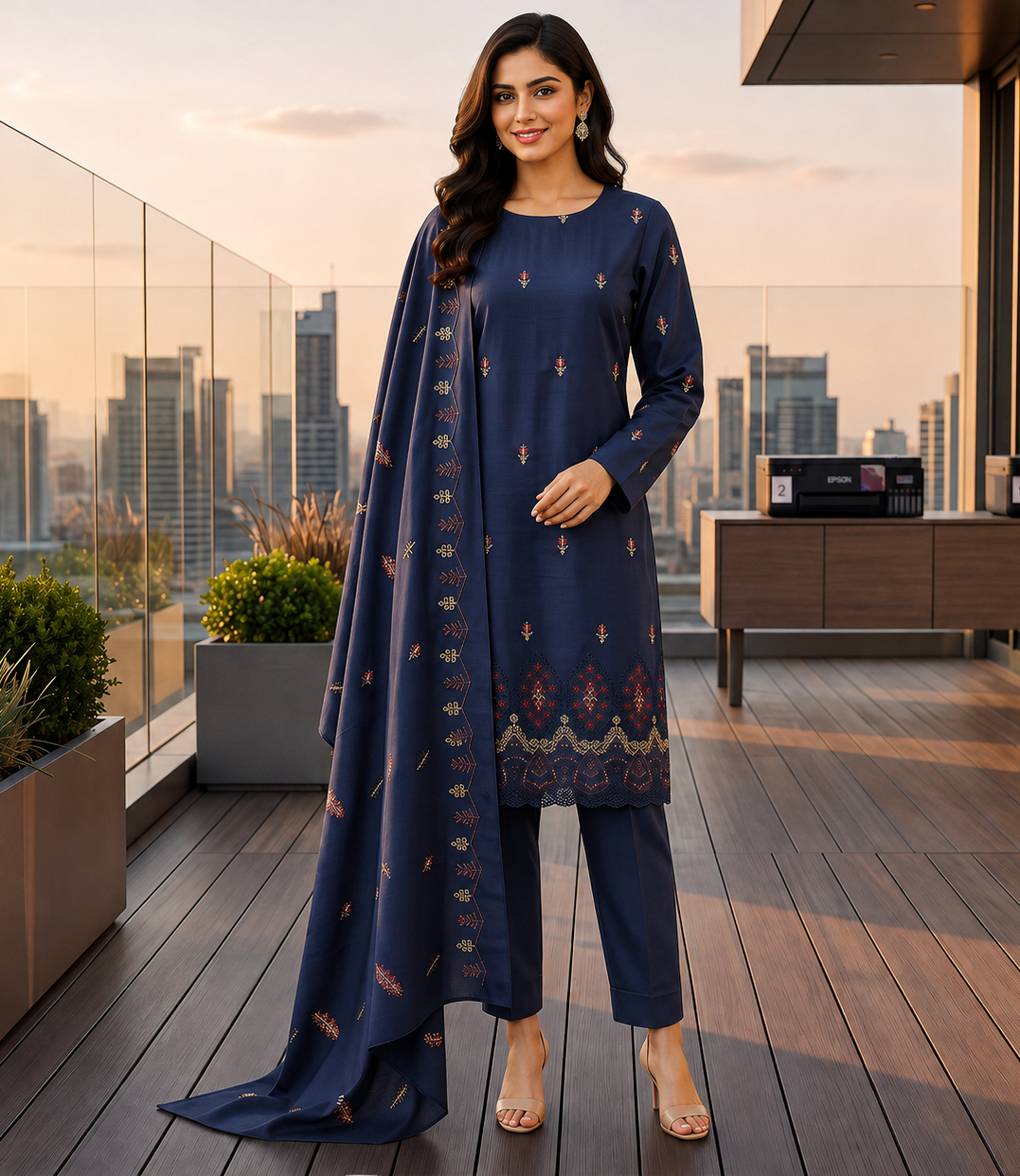 Navy Dhanak Daman Embroidered Suit