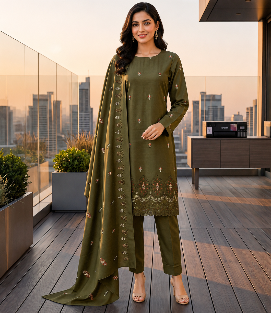 Olive Green Dhanak Daman Embroidered Suit