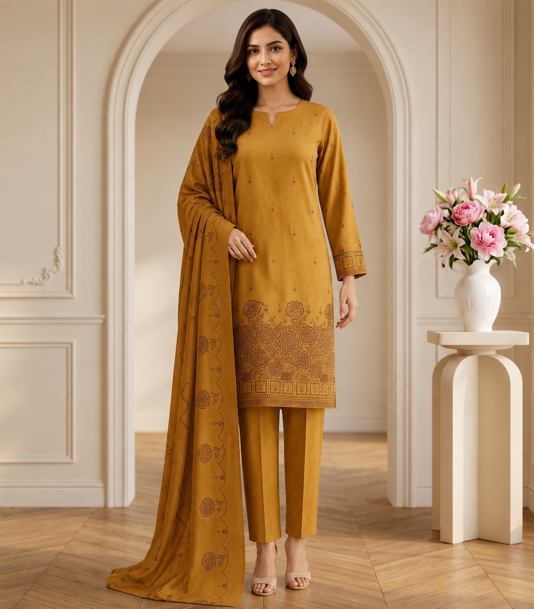 Mustard Dhanak Border Embroidered Suit