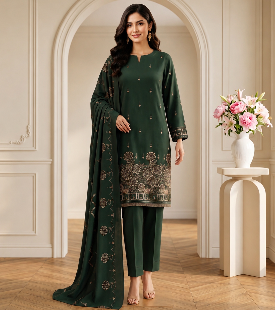Dark Green Dhanak Border Embroidered Suit