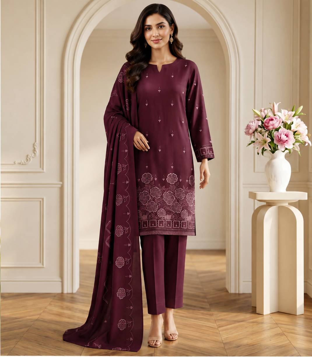 Wine Plum Dhanak Border Embroidered Suit