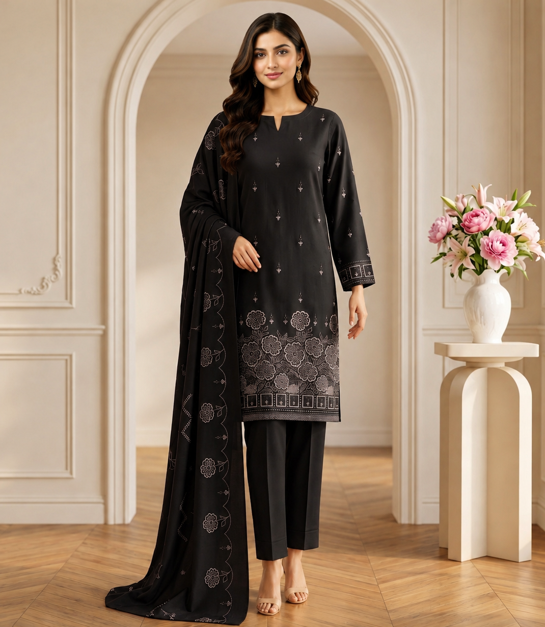 Black Dhanak Daman Embroidered Suit