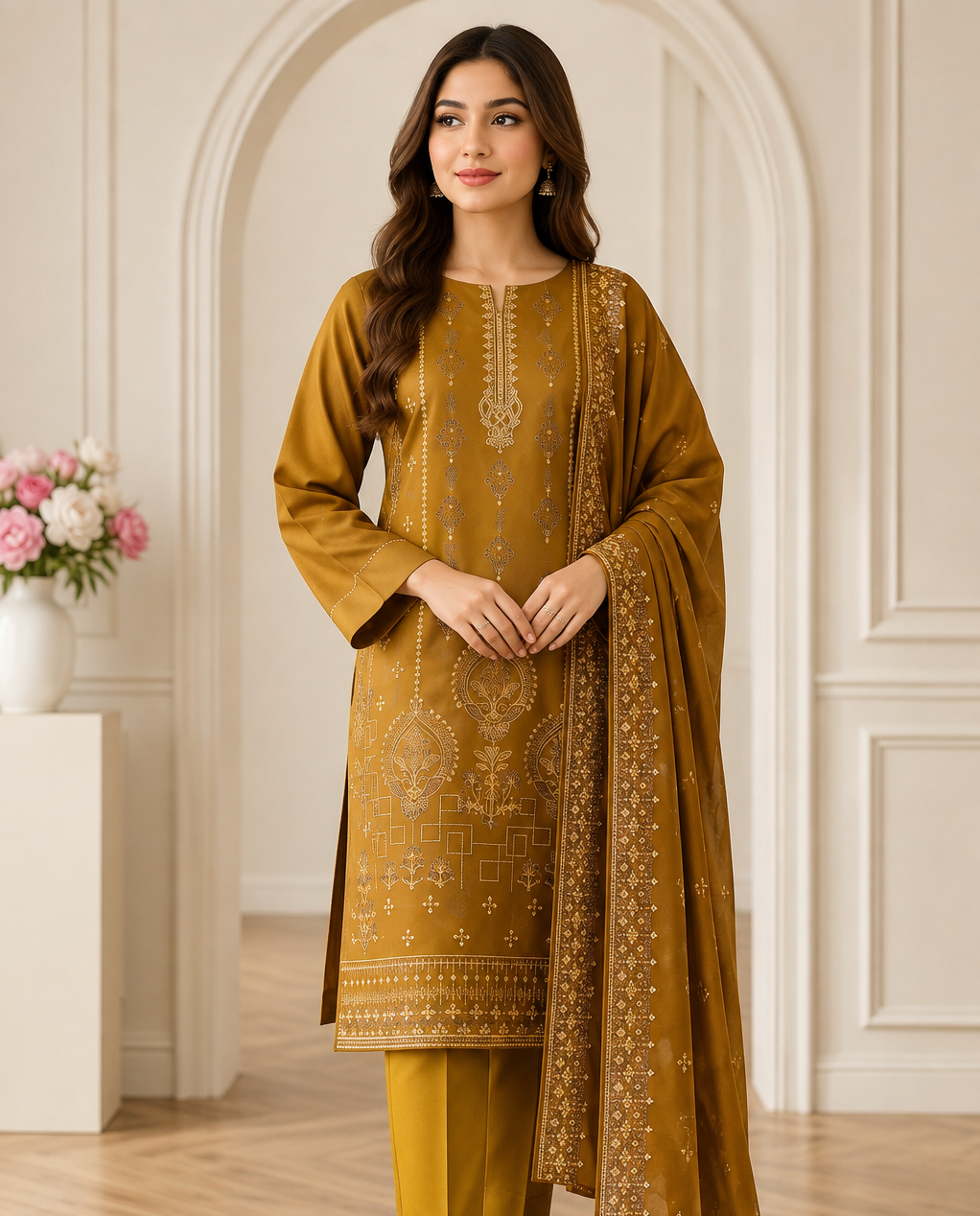Dhanak Heavy Embroidery Mustard 3Pc Suit
