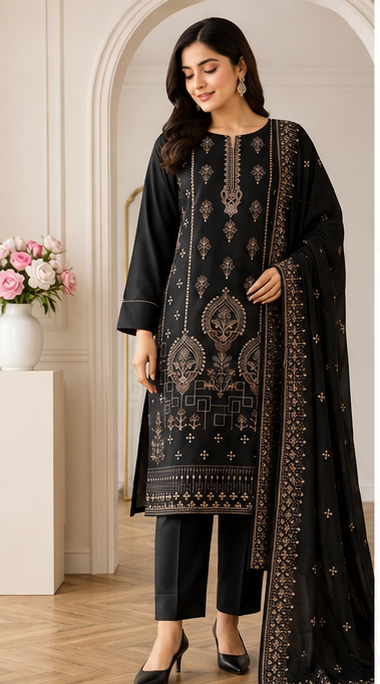 Dhanak Neck Embroidery 3Pc Suit